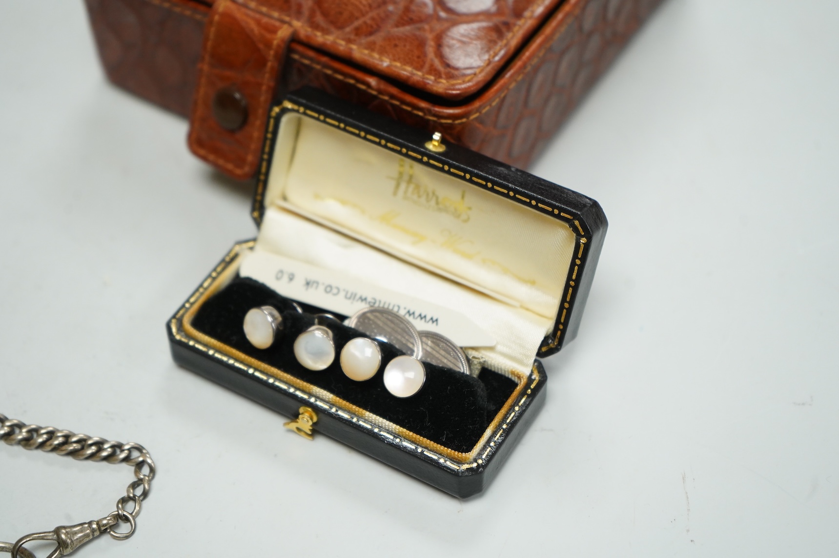 A late Victorian silver open faced lever pocket watch, with graduated silver curb link albert, together with dress studs, a pair of sterling cufflinks, a medal, etc.